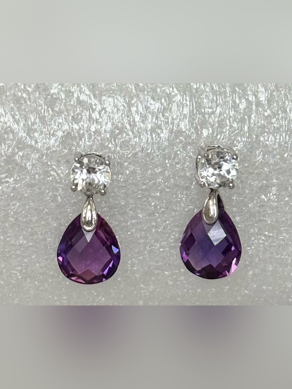 14K White Gold Purple & Clear Gemstone Drop Earrings 5g